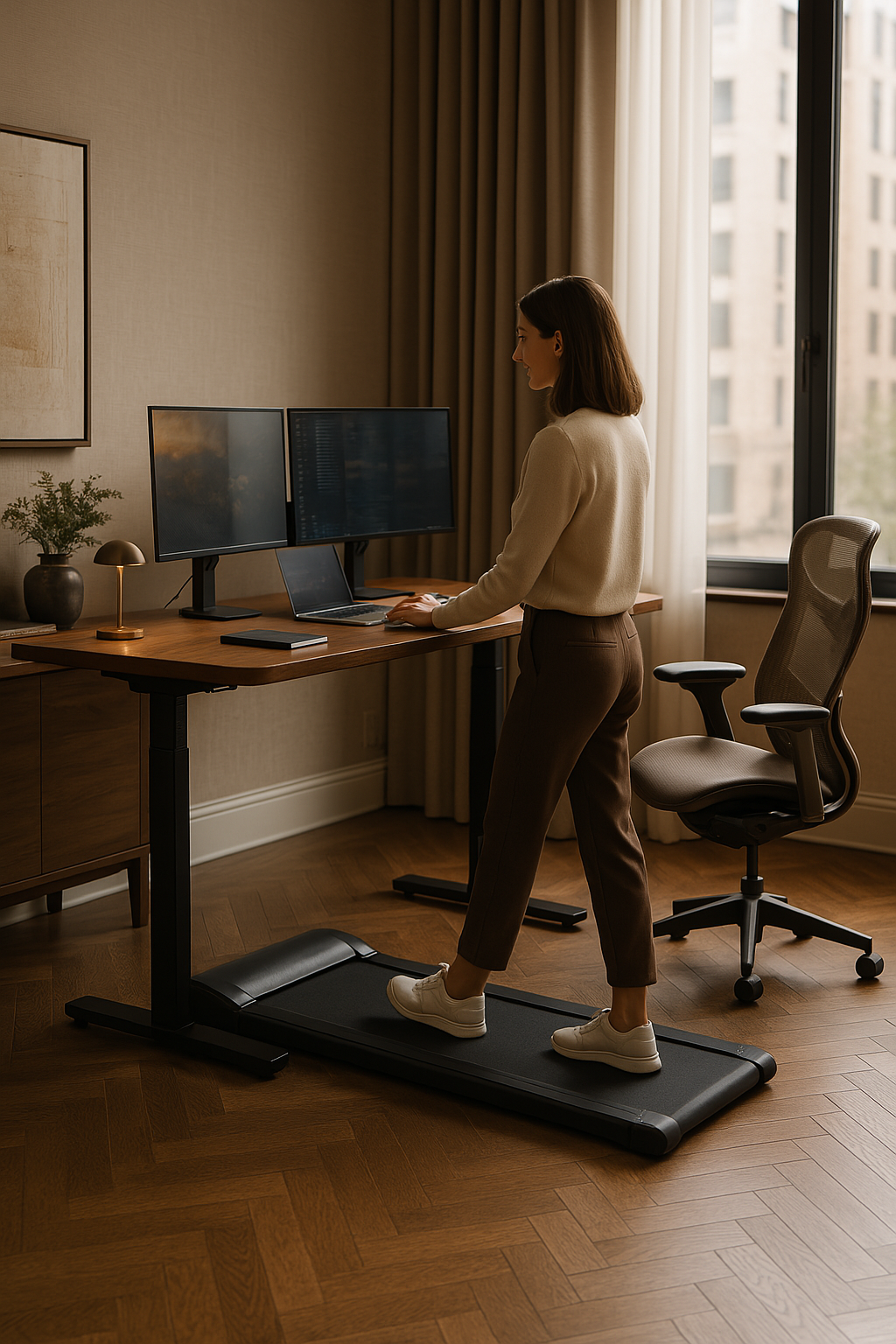Woman using an under-desk treadmill while working