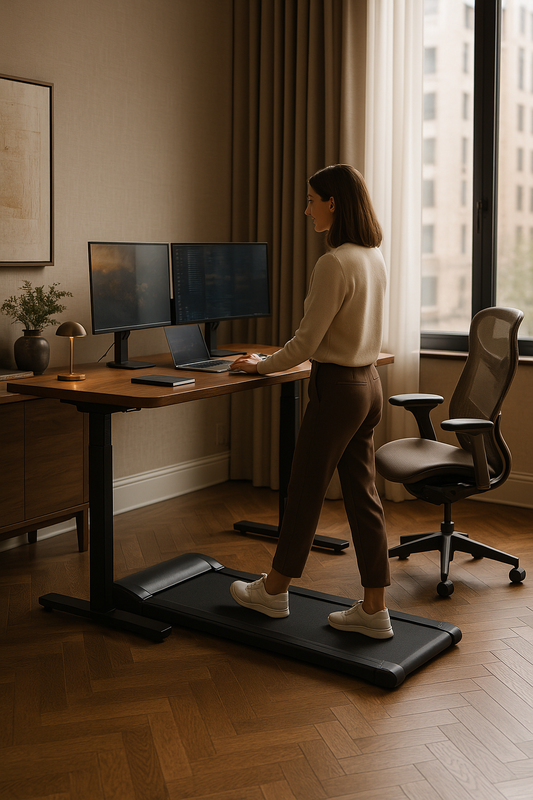 Woman using an under-desk treadmill while working