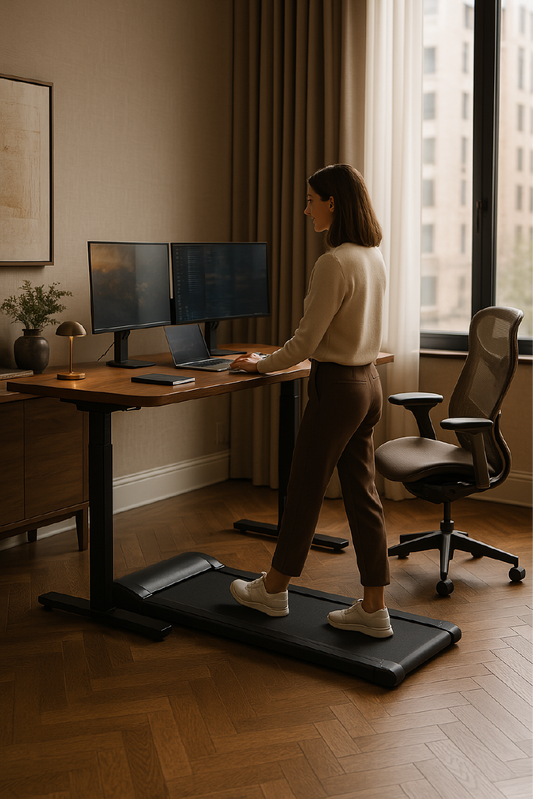 Woman using an under desk treadmill while working