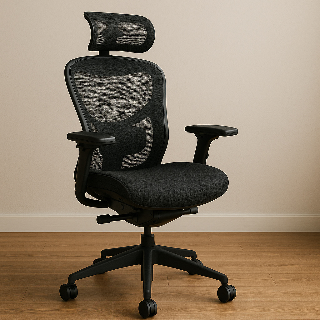 Black office chair with mesh back on a wooden floor and beige wall background