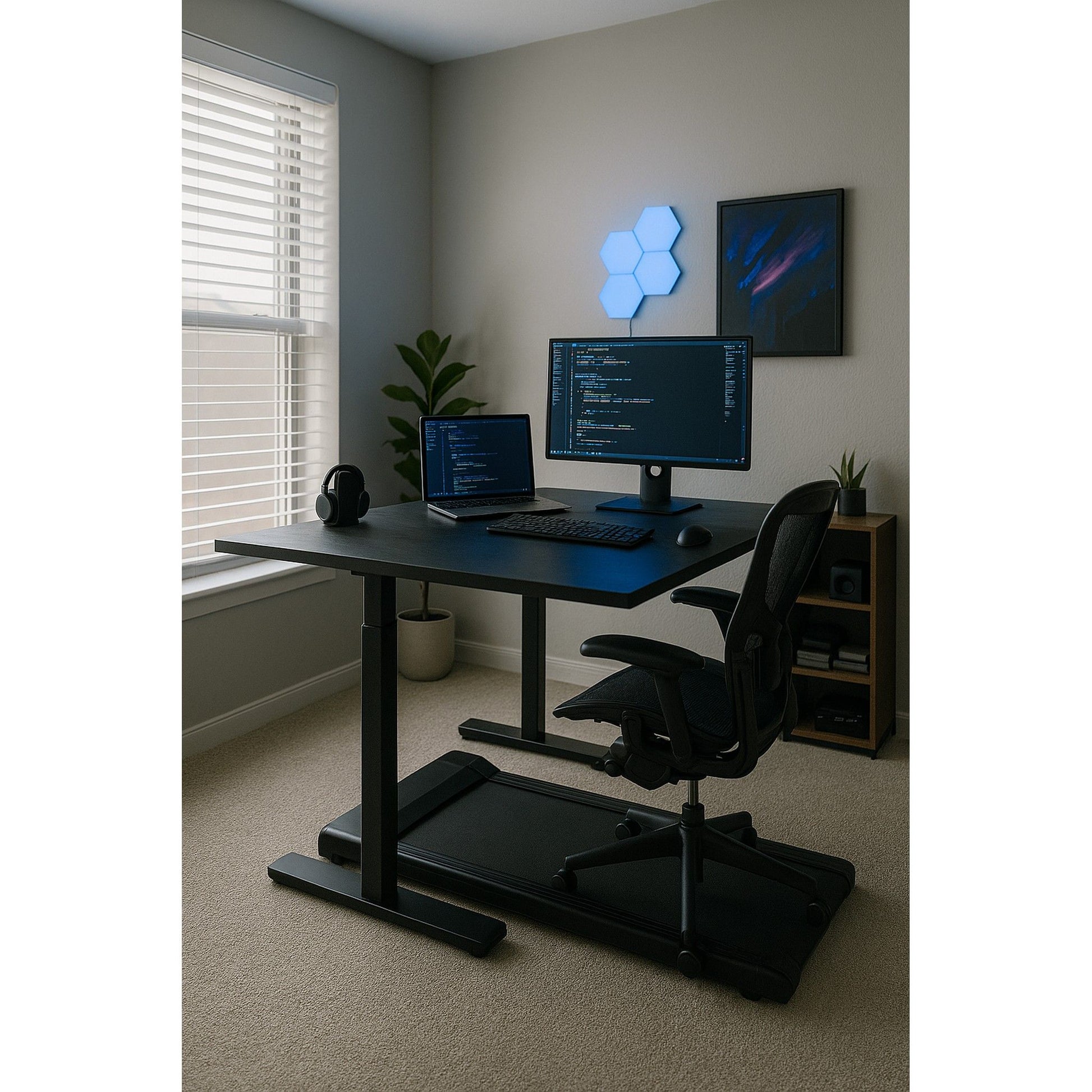 Home office setup with a standing desk, computer monitors, AV under desk treadmill (walking pad)and a chair.