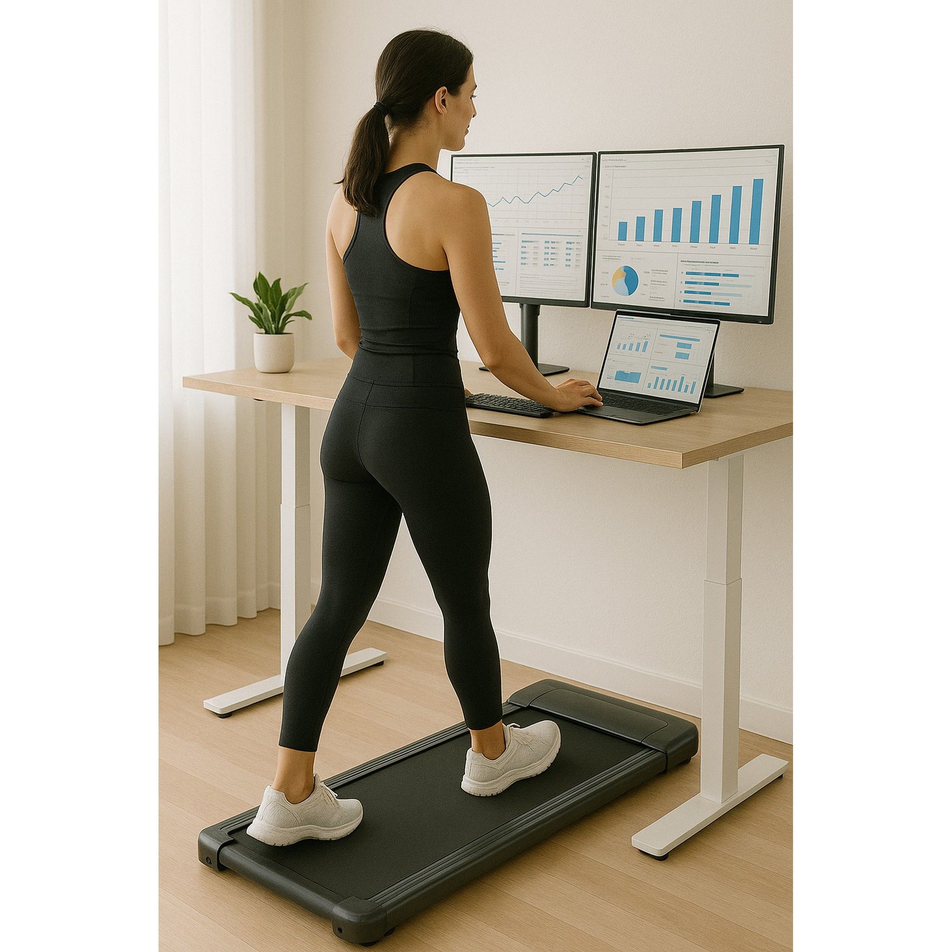 Woman using a treadmill desk in a home office setting